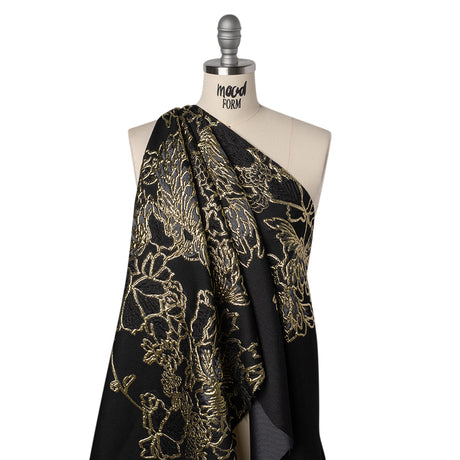 Metallic Polyester Blend Brocade - Black, Charcoal and Gold Fancy Flowers