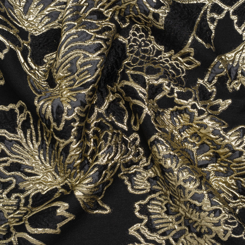 Metallic Polyester Blend Brocade - Black, Charcoal and Gold Fancy Flowers