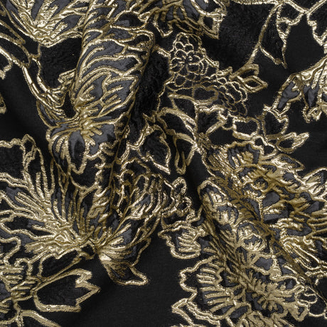 Metallic Polyester Blend Brocade - Black, Charcoal and Gold Fancy Flowers
