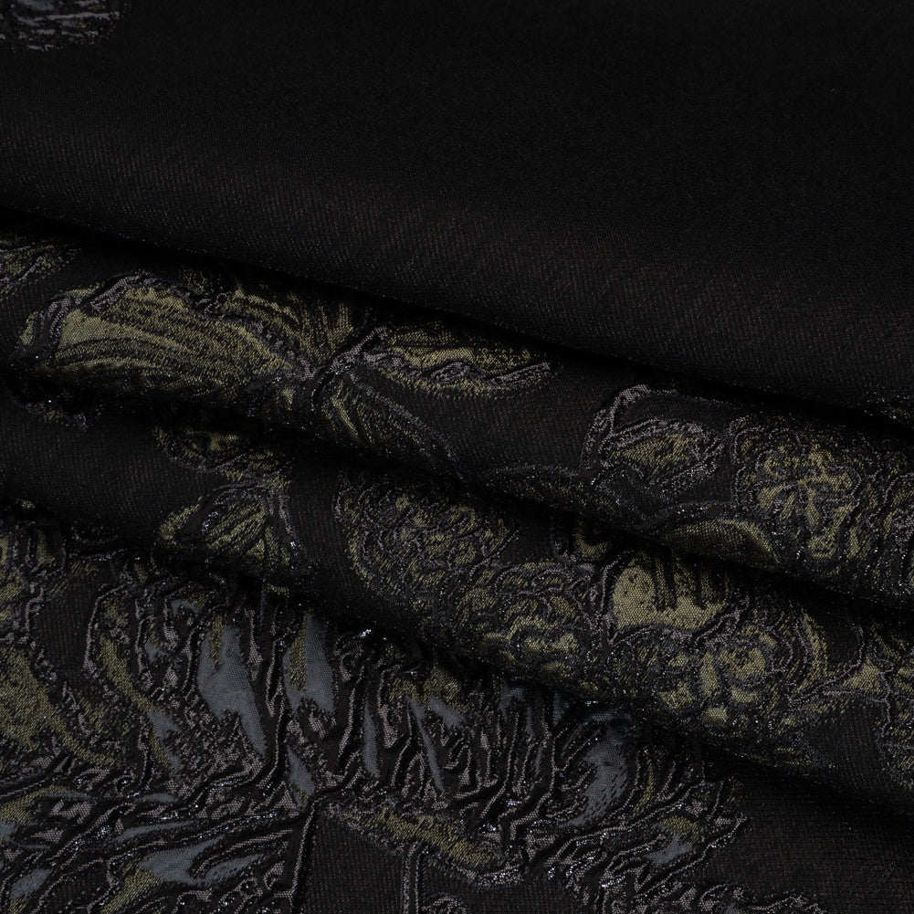 Metallic Polyester Blend Brocade - Olive Green, Black and Gray Fancy Flowers