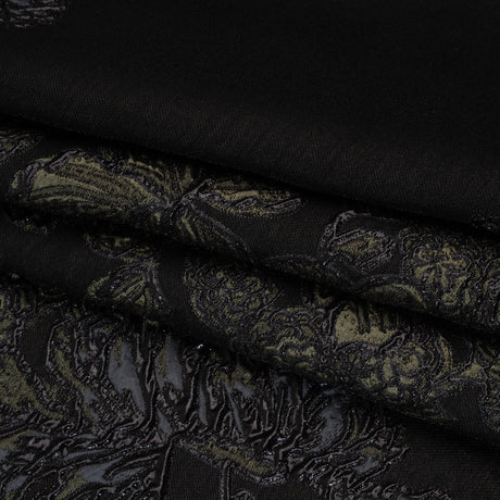 Metallic Polyester Blend Brocade - Olive Green, Black and Gray Fancy Flowers