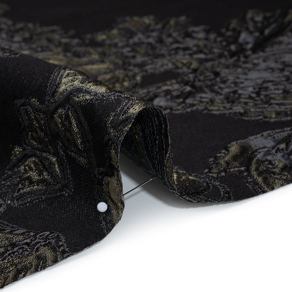 Metallic Polyester Blend Brocade - Olive Green, Black and Gray Fancy Flowers