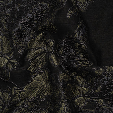 Metallic Polyester Blend Brocade - Olive Green, Black and Gray Fancy Flowers