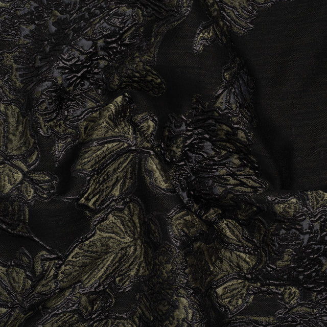 Metallic Polyester Blend Brocade - Olive Green, Black and Gray Fancy Flowers
