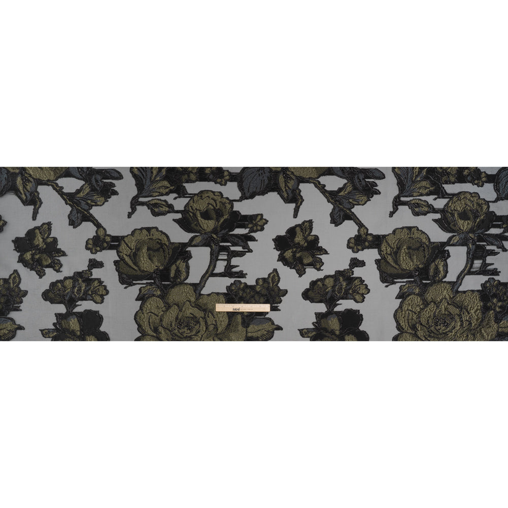 Metallic Polyester and Acetate Burnout Brocade - Olive Green and Black Rose Garden
