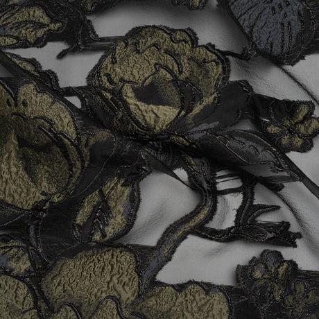 Metallic Polyester and Acetate Burnout Brocade - Olive Green and Black Rose Garden