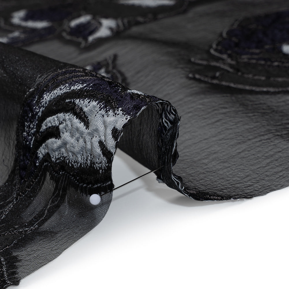 Metallic Polyester and Acetate Burnout Brocade - Light Gray, Midnight Navy and Black Rose Garden