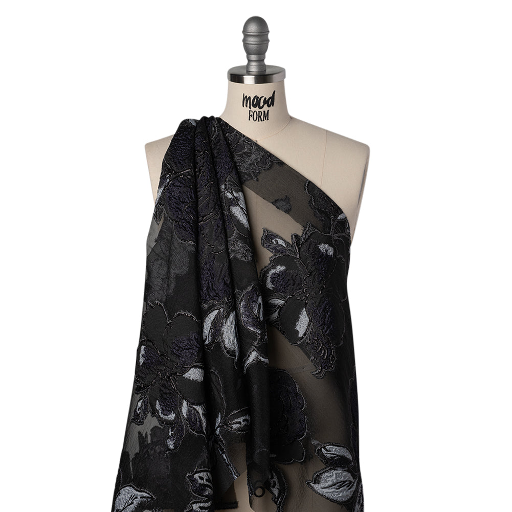 Metallic Polyester and Acetate Burnout Brocade - Light Gray, Midnight Navy and Black Rose Garden