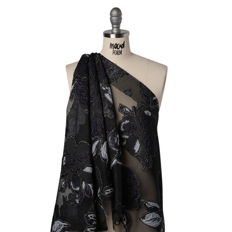 Metallic Polyester and Acetate Burnout Brocade - Light Gray, Midnight Navy and Black Rose Garden