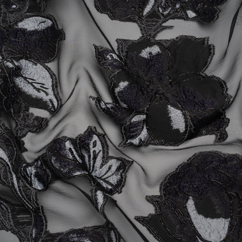 Metallic Polyester and Acetate Burnout Brocade - Light Gray, Midnight Navy and Black Rose Garden