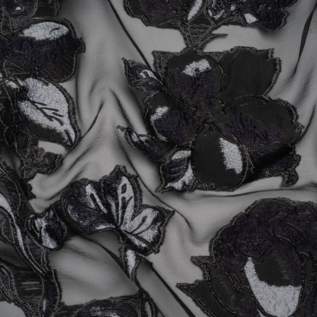 Metallic Polyester and Acetate Burnout Brocade - Light Gray, Midnight Navy and Black Rose Garden