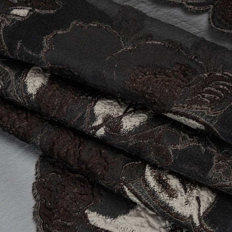 Metallic Polyester and Acetate Burnout Brocade - Beige, Dark Brown and Black Rose Garden