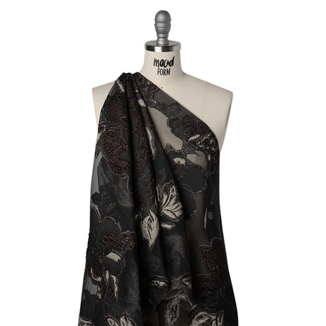 Metallic Polyester and Acetate Burnout Brocade - Beige, Dark Brown and Black Rose Garden