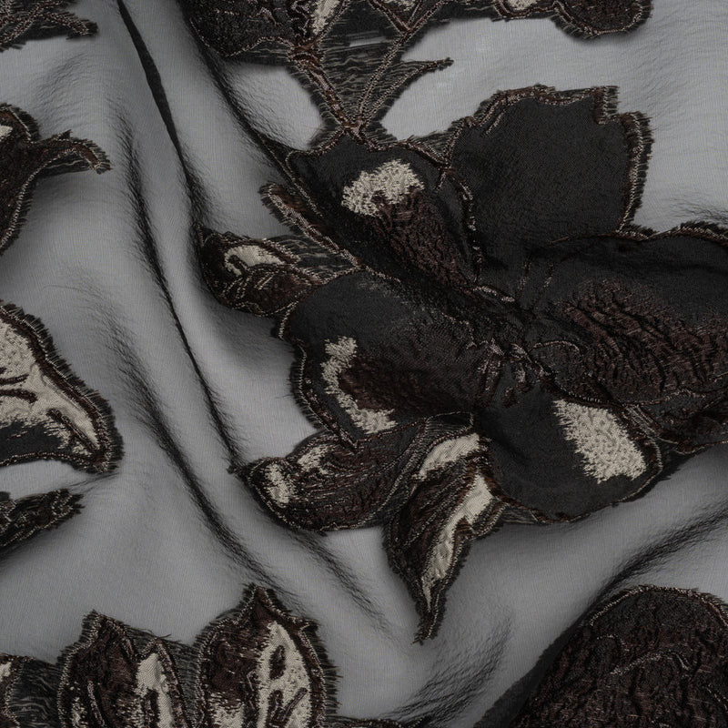 Metallic Polyester and Acetate Burnout Brocade - Beige, Dark Brown and Black Rose Garden