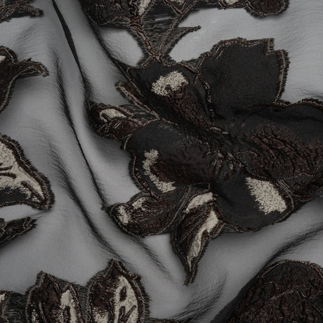Metallic Polyester and Acetate Burnout Brocade - Beige, Dark Brown and Black Rose Garden