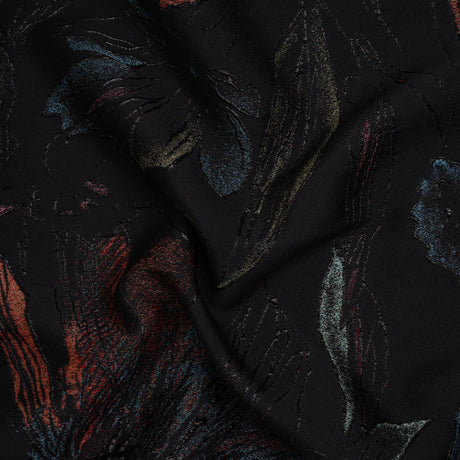 Metallic Acetate and Polyester Brocade - Black, Red and Mint Green Delicate Flowers