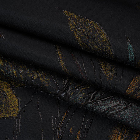 Metallic Acetate and Polyester Brocade - Black, Golden Yellow and Aqua Blue Delicate Flowers