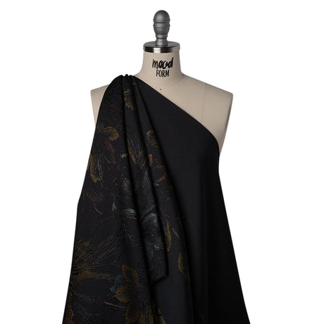Metallic Acetate and Polyester Brocade - Black, Golden Yellow and Aqua Blue Delicate Flowers
