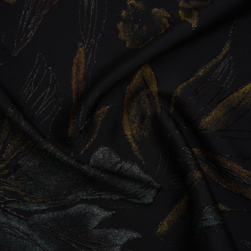 Metallic Acetate and Polyester Brocade - Black, Golden Yellow and Aqua Blue Delicate Flowers