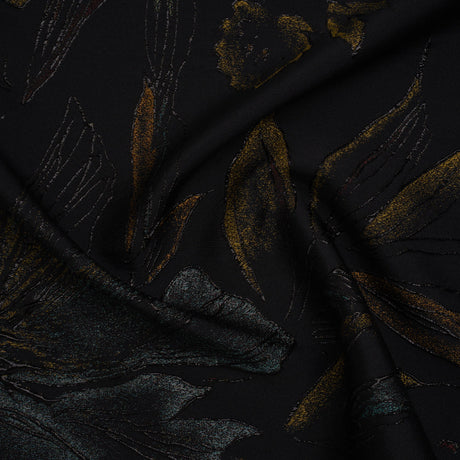 Metallic Acetate and Polyester Brocade - Black, Golden Yellow and Aqua Blue Delicate Flowers
