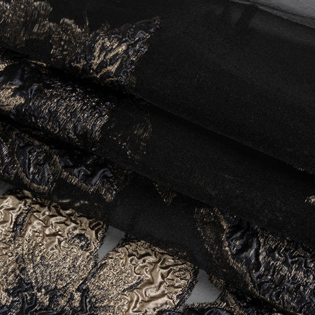 Metallic Polyester Burnout Brocade - Black and Gold Rose Border