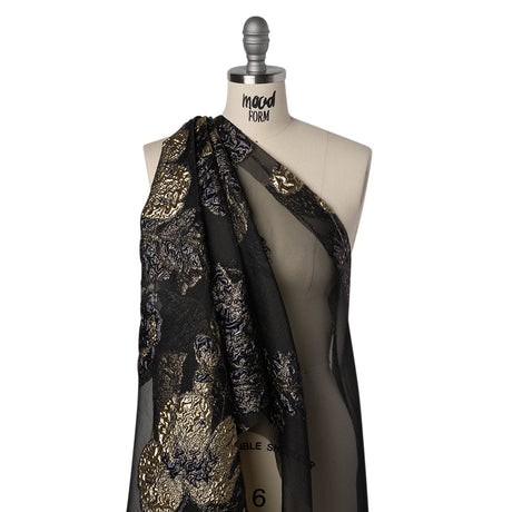 Metallic Polyester Burnout Brocade - Black and Gold Rose Border