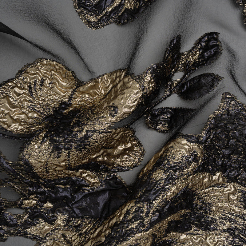 Metallic Polyester Burnout Brocade - Black and Gold Rose Border