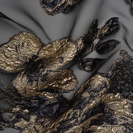 Metallic Polyester Burnout Brocade - Black and Gold Rose Border