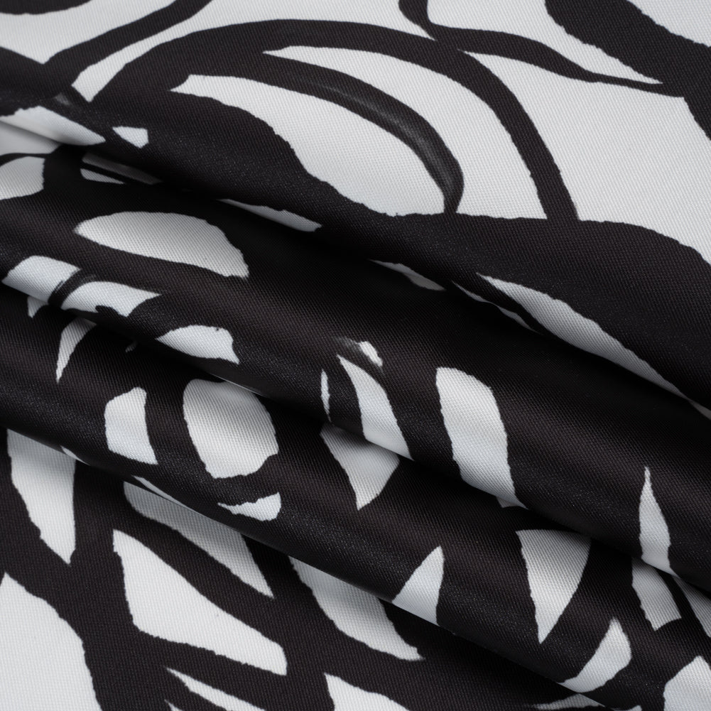 Polyester Mikado Twill Made in Italy - Black and White Ink Brush Roses