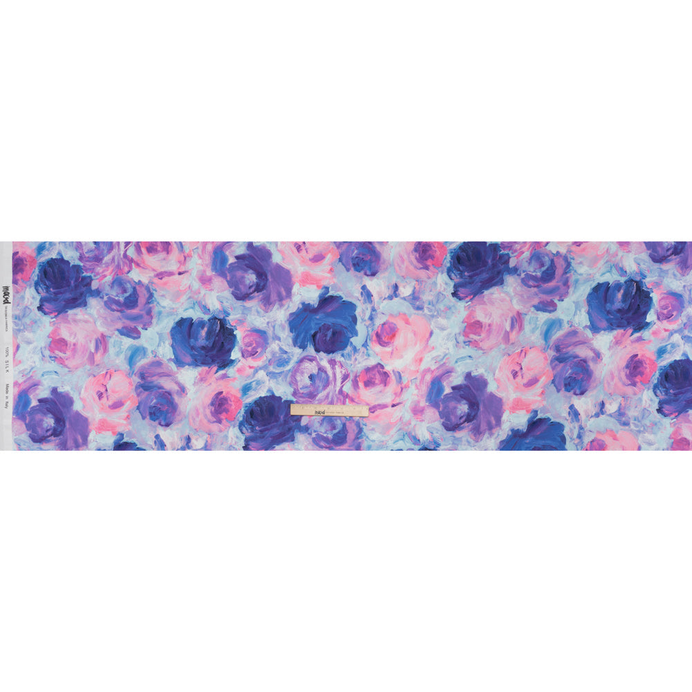 Silk Charmeuse Print 16MM, Made in Italy - Baby Pink, Light Blue and Periwinkle Painted Roses