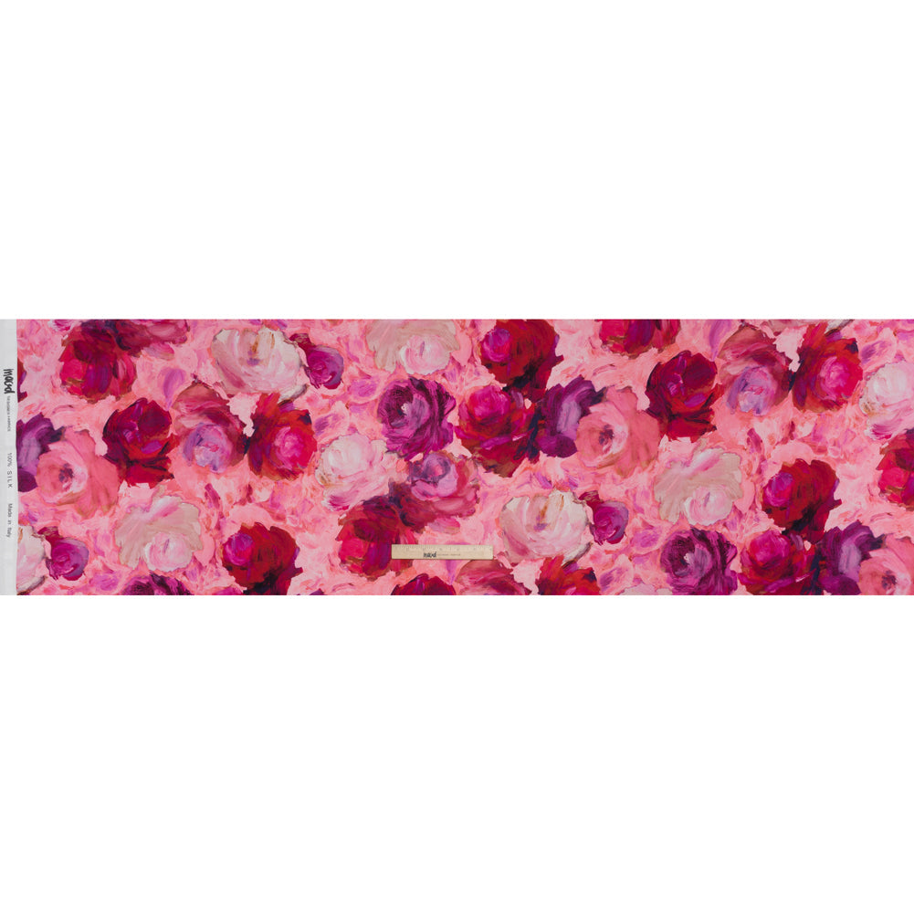 Silk Charmeuse Print 16MM, Made in Italy - Pink, Red and Fuchsia Painted Roses