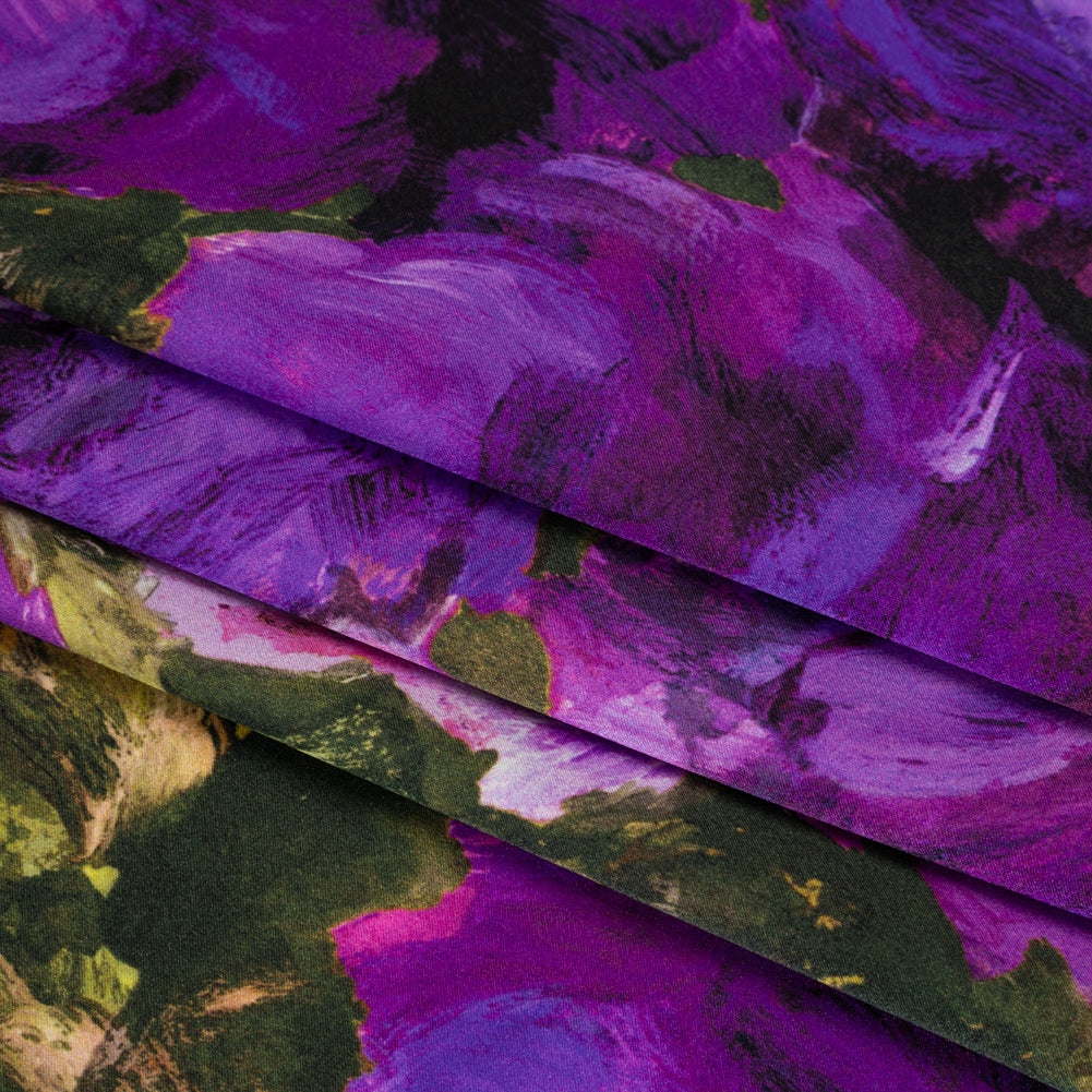 Silk Charmeuse Print 16MM, Made in Italy - Forest Green and Royal Purple Painted Roses