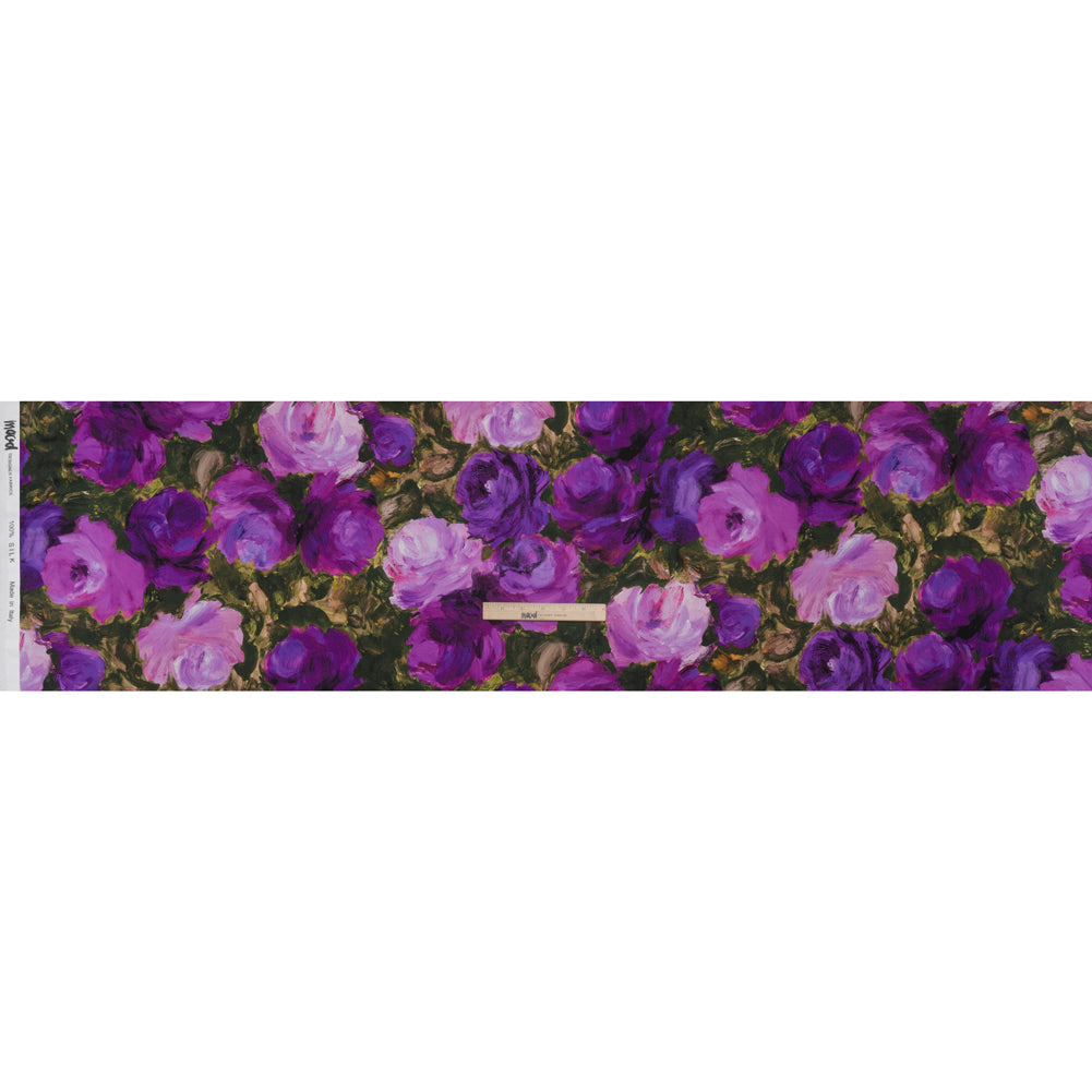 Silk Charmeuse Print 16MM, Made in Italy - Forest Green and Royal Purple Painted Roses
