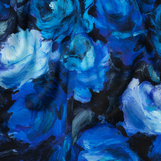 Silk Charmeuse Print 16MM, Made in Italy - Sky Blue, Phthalo and Navy Painted Roses