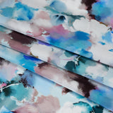 Silk Charmeuse Print 16MM, Made in Italy - Blue, Teal and Brown Abstracted Watercolor Flowers
