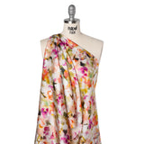 Silk Charmeuse Print 16MM, Made in Italy - Peach, Olive Green and Fuchsia Abstracted Watercolor Flowers