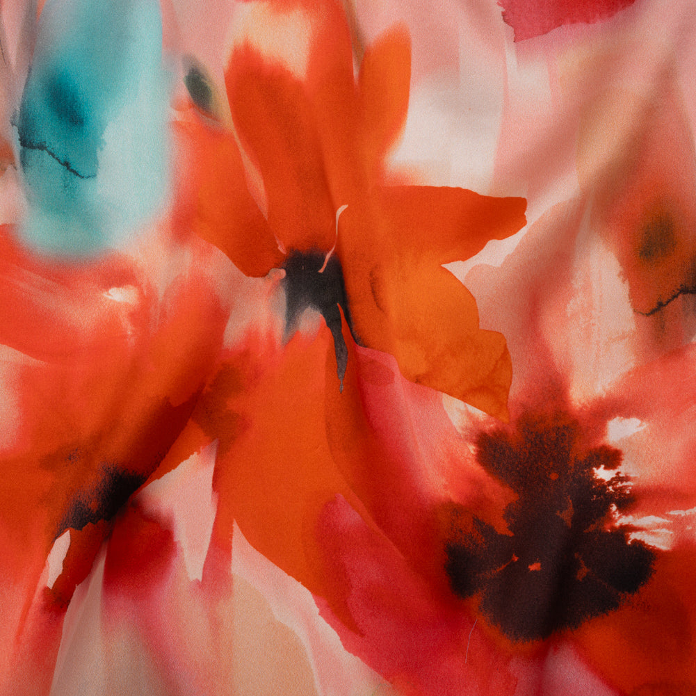 Silk Charmeuse Print 16MM, Made in Italy - Red and Pink Soft Watercolor Florals