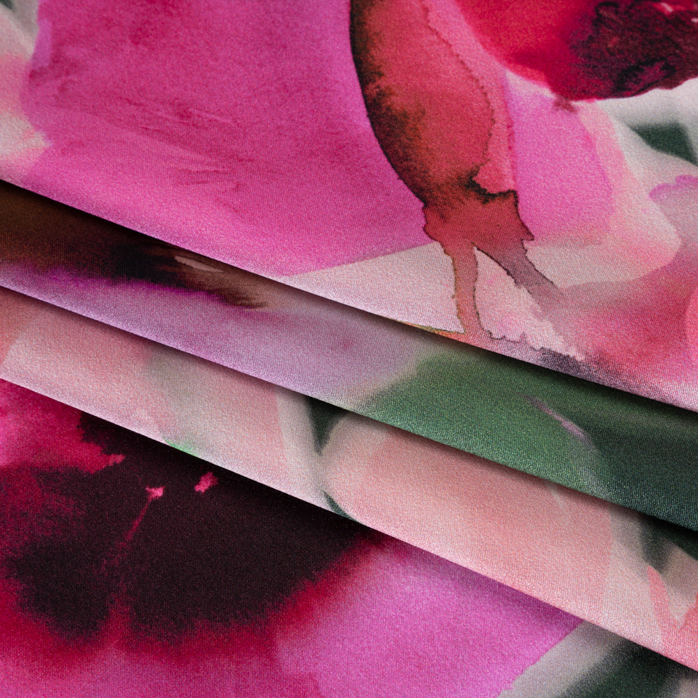 Silk Charmeuse Print 16MM, Made in Italy - Hot Pink and Forest Green Soft Watercolor Florals