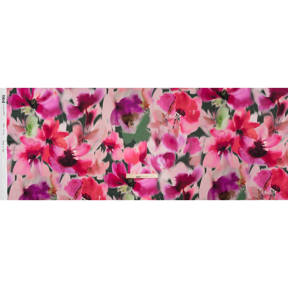 Silk Charmeuse Print 16MM, Made in Italy - Hot Pink and Forest Green Soft Watercolor Florals