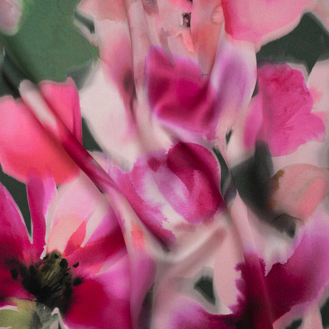 Silk Charmeuse Print 16MM, Made in Italy - Hot Pink and Forest Green Soft Watercolor Florals