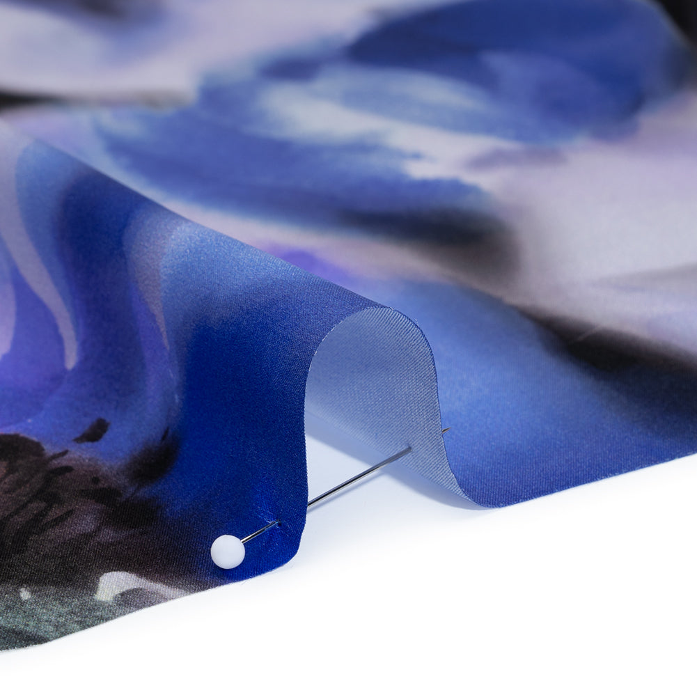 Silk Charmeuse Print 16MM, Made in Italy - Ultramarine Blue and Lilac Soft Watercolor Florals