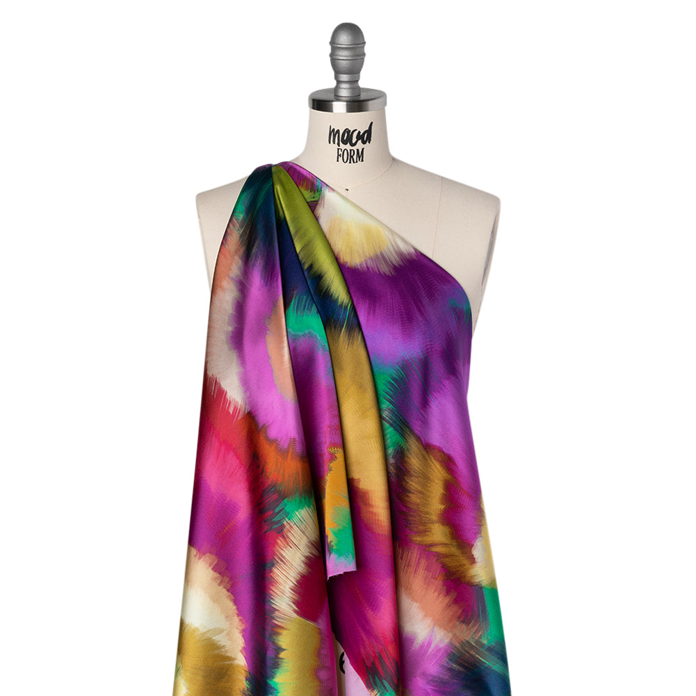Silk Charmeuse Print 16MM, Made in Italy - Fuchsia, Ochre and Blue Painted Bursts