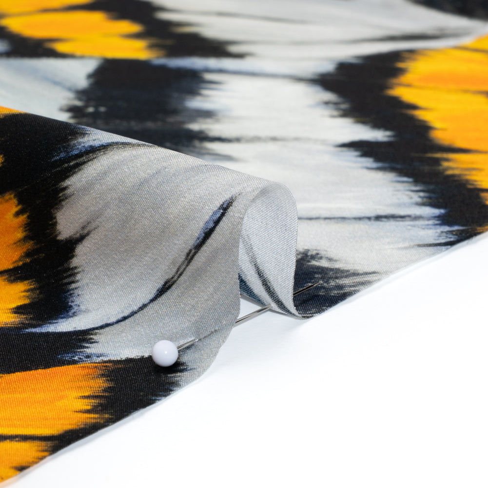 Silk Charmeuse Print 16MM, Made in Italy - Golden Yellow, Navy Blue and Light Gray Butterfly Wings
