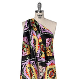 Silk Charmeuse Print 16MM, Made in Italy - Black, Lavender and Pale Yellow Fancy Floral Tiles