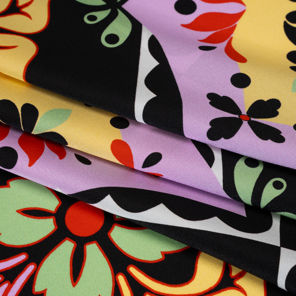 Silk Charmeuse Print 16MM, Made in Italy - Black, Lavender and Pale Yellow Fancy Floral Tiles
