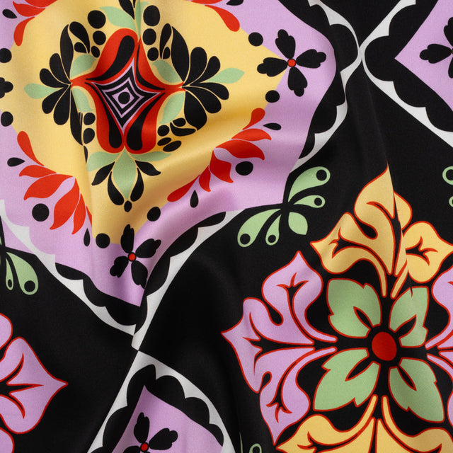 Silk Charmeuse Print 16MM, Made in Italy - Black, Lavender and Pale Yellow Fancy Floral Tiles