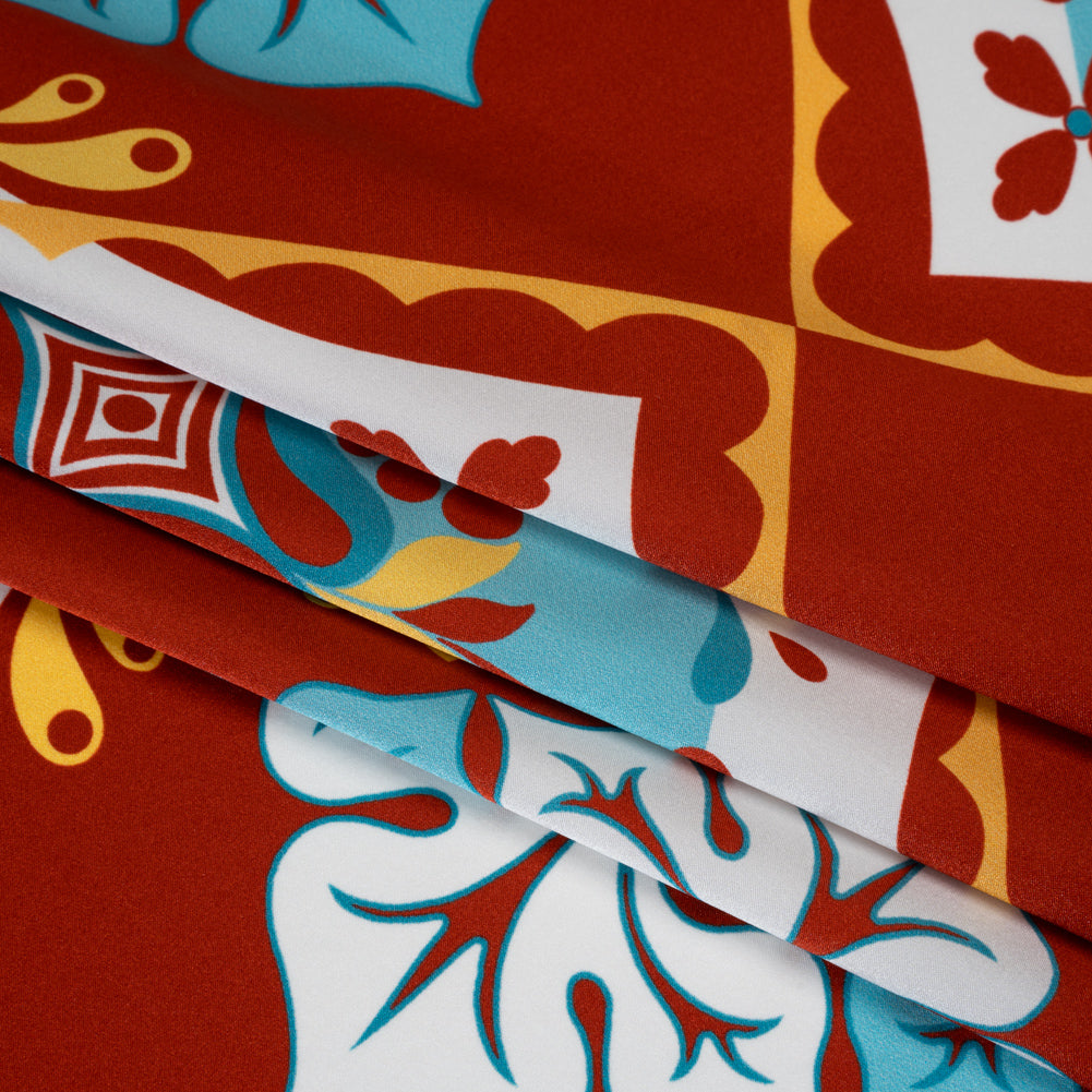 Silk Charmeuse Print 16MM, Made in Italy - Turquoise, Rust Red and Golden Yellow Fancy Floral Tiles