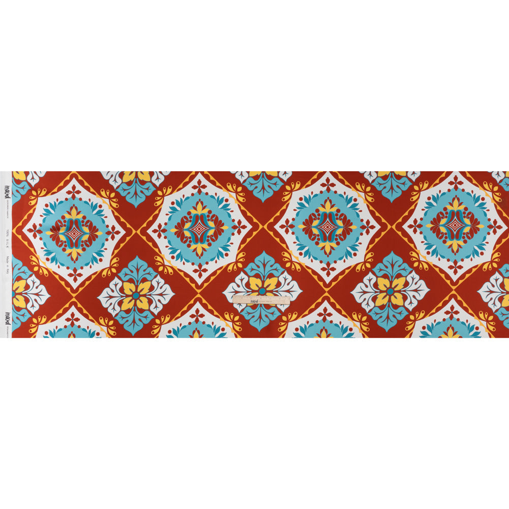 Silk Charmeuse Print 16MM, Made in Italy - Turquoise, Rust Red and Golden Yellow Fancy Floral Tiles
