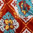 Silk Charmeuse Print 16MM, Made in Italy - Turquoise, Rust Red and Golden Yellow Fancy Floral Tiles