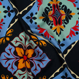 Silk Charmeuse Print 16MM, Made in Italy - Midnight Navy, Mint and Country Blue Fancy Floral Tiles